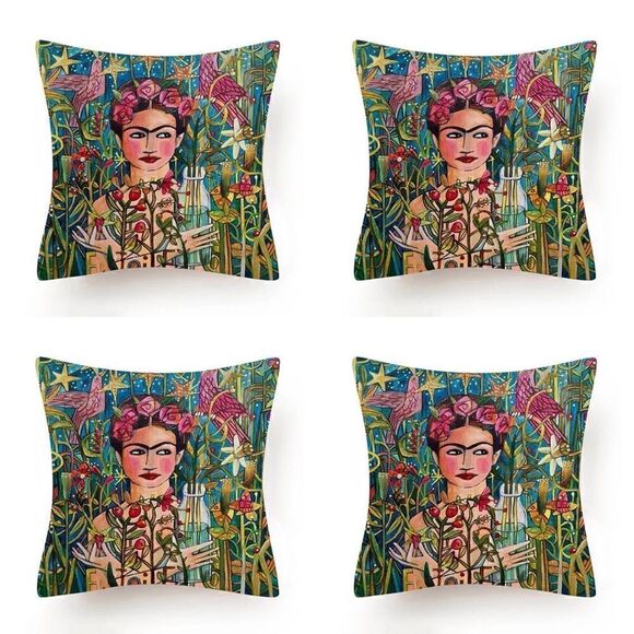 Set of 4 Frida Kahlo Self Portrait, Outdoor Pillow Cover 18x18 Rainforest - Picture 1 of 2
